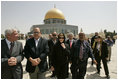 Laura Bush departs the Dome of the Rock after taking a tour of the shrine in the Muslim Quarter of the Old City of Jerusalem, Sunday, May 22, 2005.
