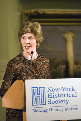 First Lady Laura Bush speaks to guests at the New York Historical Society during a New York History Makers Gala awards presentation in honor of Tom Bernstein and Roland Betts in New York, NY, Tuesday, Nov. 8, 2005.