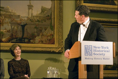 First Lady Laura Bush shares in laughter with Roland Betts during a New York History Makers Gala awards presentation in honor of Tom Bernstein and Roland Betts in New York, NY, Tuesday, Nov. 8, 2005.