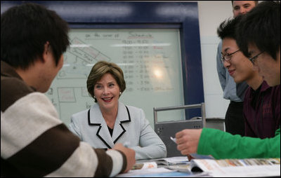 Mrs. Laura Bush speaks with students at the Gyeongju English Village Thursday, Nov. 17, 2005, in Gyeongju, Korea.