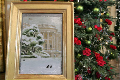 The painting by Jamie Wyeth that portrays a wintery White House as Barney, Miss Beazley and even, Willie the cat, is displayed in the East Room. The painting is the model for this year's White House Christmas Card.