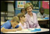 Laura Bush observes a fifth grade math class at Lovejoy Elementary School in Des Moines, Iowa, Thursday, September 8, 2005.