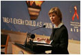 Laura Bush addresses the Organization of African First Ladies Against HIV/AIDS in New York Thursday, Sept. 15, 2005. "I want you to know how encouraged I am by your strategy to reach out to adults, to appeal to the conscience of adults, to make sure they can protect children, and that everyone is united, all adults worldwide, united to protect children from HIV/AIDS, and from any other risky behavior that we want children to avoid," said Mrs. Bush in her remarks.