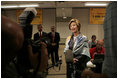 Laura Bush talks with the press during her visit to the National Center for Missing & Exploited Children in Alexandria, Va., Friday, Sept. 16, 2005.