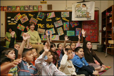 Mrs. Laura Bush sits with Mrs. Jessica Maes's second grade class at Bel Air Elementary School in Albuquerque, N.M., Monday, April 3, 2006, during a lesson called Protecting You/Protecting Me, to teach the prevention of substance and alcohol abuse. Protecting You/Protecting Me is a curriculum developed and supported by Mothers Against Drunk Driving, for children in grades 1-5, focusing on the effects of alcohol on the developing brain during the first 21 years of life.