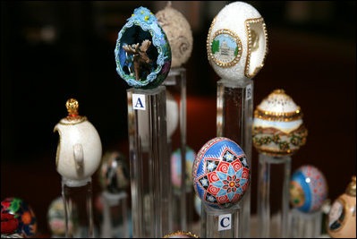 Decorated eggs that are being presented at the White House Visitor Center in Washington, DC, Thursday, April 6, 2006, as part of the State Egg Display which exhibits a decorated egg from a select artist of each state. This tradition has been going on since 1994, and each year the artists vote amongst themselves to select the artist to create the following years commemorative egg which is presented to the President and First Lady.