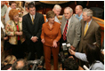 Mrs. Laura Bush talks with members of the media at Bourbon House Restaurant in New Orleans, La., following a meeting with chief state school officers and superintendents from five Gulf Coast States, Monday, April 10, 2006. Through the Laura Bush Foundation for American's Libraries Gulf Coast School Library Recovery Initiative, Mrs. Bush is working with state schools to determine the needs of their libraries to help restore book collections in their school libraries.