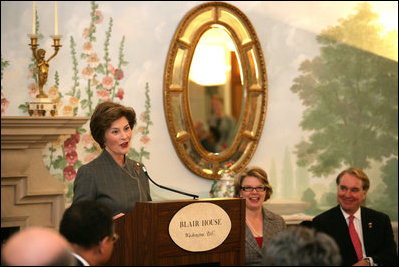 Mrs. Laura Bush speaks to an audience that includes 35 ambassadors representing countries with extreme adult/child illiteracy rates, Monday, April 24, 2006, during a luncheon celebrating the United Nations Educational, Scientific and Cultural Organizational (UNESCO), Education for All Week, at the Blair House in Washington, D.C. Education for All is an international effort coordinated by UNESCO to make the benefits of education accessible to all people.