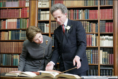 Mrs. Laura Bush tours the library of The Mount Estate and Gardens, home of author Edith Wharton, in Lenox, Mass., Monday, April 24, 2006, during a ceremony celebrating the acquisition and restoration of the library. The Mount was designed and built by Edith Wharton in 1902, and the library contains more than 2,600 volumes and titles.