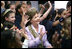 Mrs. Laura Bush and students from Warren-Prescott School in Boston, Mass., wave to students at Carlsbad Caverns National Park, N.M., Tuesday, April 24, 2006, and conclude an electronic field trip.