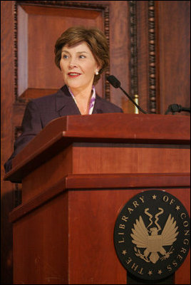 Mrs. Laura Bush addresses her remarks to guests attending the James Madison Council Luncheon Tuesday, April 26, 2006 at the Library of Congress in Washington, where she thanked the council for their support of the National Book Festival and the importance of the newly created Gulf Coast School Library Recovery Initiative.