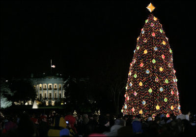 Crowds on the Ellipse in Washington, D.C., watch the annual lighting of the National Christmas Tree, attended by President George W. Bush and Laura Bush, Thursday evening, Dec. 7, 2006, during the 2006 Christmas Pageant of Peace.