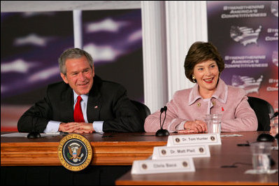 President George W. Bush and Mrs. Laura Bush participate in panel on American competitiveness Friday, Feb. 3, 2006, during a visit to Intel Corporation in Rio Rancho, N.M.