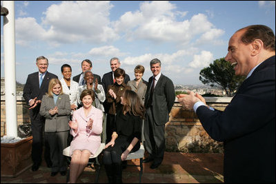 Mrs. Laura Bush, daughter, Barbara, and members of the U.S. Olympic delegation are seen at a luncheon Feb. 9, 2006 in Rome, hosted by Prime Minister Silvio Berlusconi.