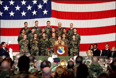 Mrs. Laura Bush addresses an audience of U.S.troops during a visit to Aviano Air Base, in Aviano, Italy, Friday, Feb. 10, 2006.
