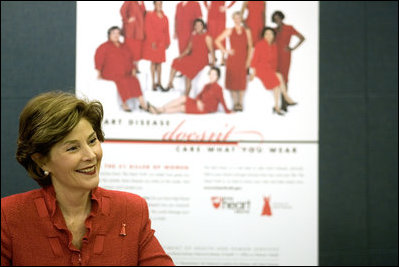 Laura Bush promotes American Heart Month Wednesday, Feb. 15, 2006, in Charlotte, NC, as part of the Heart Truth Campaign, which raises awareness of heart disease in women and encourages women to get screened for the disease.