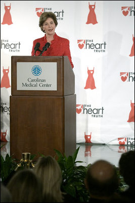 Laura Bush speaks to an audience about heart disease awareness at the Carolinas Medical Center Wednesday, Feb. 15, 2006, in Charlotte, NC. In Charlotte, 55% of women are at risk for heart disease and are not aware of their vulnerability of a heart attack.