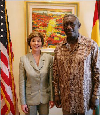 Mrs. Laura Bush is seen at the residence of the U.S. Ambassador to Ghana, welcomed by Ghana President John Agyekum Kufuor in Accra, Ghana, Sunday, Jan. 15, 2006.