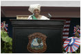 Liberian President Ellen Johnson Sirleaf addresses the audience at her inauguration in Monrovia, Liberia, Monday, Jan. 16, 2006. President Sirleaf is Africa's first female elected head of state. Mrs. Laura Bush and U.S. Secretary of State Condoleezza Rice attended the ceremony.