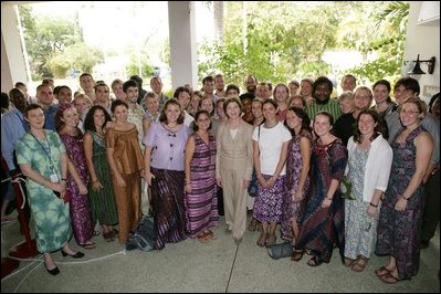 Mrs. Laura Bush poses with Peace Corps volunteers Tuesday, Jan. 17, 2006, at the home of the U.S. Ambassador in Accra, Ghana. Ghana was the first assignment for the organization, which marks its 45th anniversary this year.