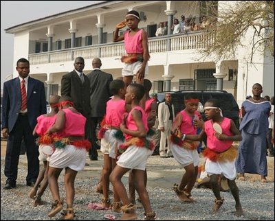 A children's dance troupe greets Laura Bush at St. Mary's hospital in Gwagwalada, Nigeria, Wednesday, Jan. 18, 2006.