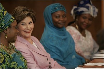 Laura Bush attends a meeting January 18, 2006 at the National Center for Women's Development in Abuja, Nigeria. Mrs. Bush addressed the organization and attended a women's empowerment roundtable.