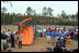 Laura Bush addresses a gathering to dedicate the new Kaboom Playground, built at the Hancock North Central Elementary School in Kiln, Ms., Wednesday, Jan. 26, 2006, during a visit to the area ravaged by Hurricane Katrina.