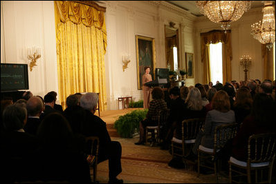 Laura Bush delivers remarks during the 2005 National Awards for Museum and Library Services Ceremony at the White House, Monday, January 30, 2006. The Institute of Museum and Library Services’ National Awards for Museum and Library Service honor outstanding museums and libraries that demonstrate an ongoing institutional commitment to public service. It is the nation’s highest honor for excellence in public service provided by these institutions.