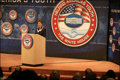 Mrs. Laura Bush addresses the Indiana Regional Conference on Helping America's Youth, Tuesday, June 6, 2006, at Indiana University-Purdue University Indianapolis, in Indianapolis, Indiana. During her remarks, Mrs. Bush emphasized the need for awareness of the challenges facing today is youth and the need for adults to care, connect and commit.