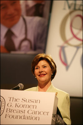 Mrs. Laura Bush addresses an audience at the Susan G. Komen Breast Cancer Foundation's 2006 Mission Conference in Washington, DC. Mrs. Bush announced the U.S.-Middle East Partnership for Breast Cancer Awareness and Research which allows governments, hospitals, researchers, and survivors to work with each other to help defeat breast cancer.The partnership will include the U.S. State Department, the Susan G. Komen Foundation, MD Anderson Cancer Center, The John Hopkins University and both the United Arab Emirates and the Kingdom of Saudi Arabia.