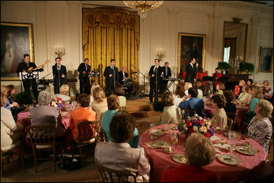 Members of the cast from the Tony award-winning musical Jersey Boys perform during a luncheon for Senate Spouses hosted by Mrs. Laura Bush in the East Room Monday, June 12, 2006.