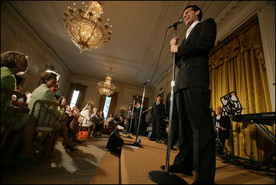 Members of the cast from the Tony award-winning musical Jersey Boys perform during a luncheon for Senate Spouses hosted by Mrs. Laura Bush in the East Room Monday, June 12, 2006.