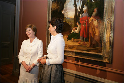 Mrs. Laura Bush and Mrs. Leila Castellaneta, wife of the Italian ambassador, speak to the press during their preview tour of the upcoming exhibition Bellini, Giorgione, Titian, and the Renaissance of Venetian Painting at the National Gallery of Art Tuesday, June 14, 2006. The exhibition opens June 18 and runs through September 17, 2006.