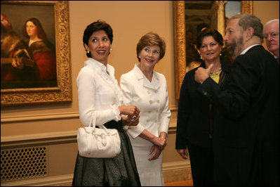 Mrs. Laura Bush and Mrs. Leila Castellaneta, wife of the Italian ambassador, preview the exhibition Bellini, Giorgione, Titian, and the Renaissance of Venetian Painting with at the National Gallery of Art Tuesday, June 14, 2006. The exhibition opens June 18 and runs through September 17, 2006.