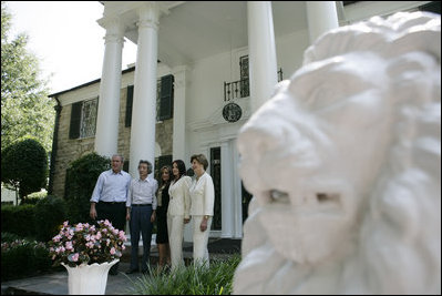 President George W. Bush, Laura Bush and Japanese Prime Minister Junichiro Koizumi are welcomed to Graceland, the home of Elvis Presley, by his former wife Priscilla Presley and their daughter Lisa-Marie Presley, Friday, June 30, 2006 in Memphis. White House photo by Eric Draper Priscilla Presley, former wife of Elvis Presley, and daughter Lisa-Marie Presley participate in the tour.