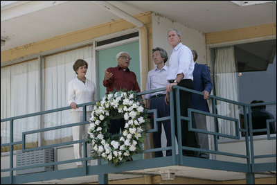 President George W. Bush, Mrs.Laura Bush and Japanese Prime Minister Junichiro Koizumi stand with Dr. Benjamin Hooks, Memphis resident and former director of the NAACP, as they tour the balcony-walkway of the Lorraine Motel in Memphis Friday, June 30, 2006, site of the 1968 assassination of civil rights leader Dr. Martin Luther King, Jr., which is now the National Civil Rights Museum.