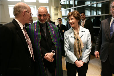 First Lady Laura Bush attends the dedication of the new U.S. Embassy Building in Kabul, Afghanistan March 1, 2006. The President and First Lady were joined on their trip to Afghanistan by U.S. Secretary of State Condoleezza Rice and U.S. Ambassador to Afghanistan Ronald E. Neumann.
