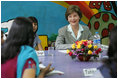 Laura Bush listens to a question during an informal group discussing during a visit to Prayas, a home for abused children in Tughlaqabad, New Delhi, India March 2, 2006.