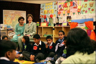 Mrs. Laura Bush observes a class lesson in the Children's Resources International class room at the U.S. Embassy , Saturday, March 4, 2006 in Islamabad, Pakistan.