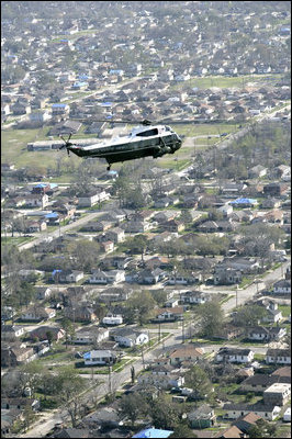 President George W. Bush in Marine One takes an aerial tour to view of the hurricane ravaged neighborhoods of New Orleans and their recovery progress, Wednesday, March 8, 2006. The President also took a walking tour in the lower 9th Ward of the city and inspected the reconstruction of a levee.