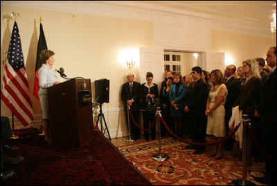 Mrs. Laura Bush delivers remarks to guests attending the Afghan Children's Initiative Benefit Dinner at the Afghanistan Embassy in Washington, DC on Thursday evening, March 16, 2006.