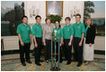 Mrs. Laura Bush welcomes the 2006 National Science Bowl Champions from State College, Pa., to the White House, Monday, May 1, 2006. From left to right are students Barry Liu, Jason Ma, Ylaine Gerardin, Galen Lynch, Francois Greet and their team coach Julie Gittings. The National Science Bowl, the nationís largest science competition, is co-sponsored by the U.S. Department of Energy.