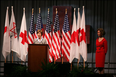 Mrs. Laura Bush addresses the national convention of the American Red Cross during their 125th anniversary week in Washington, D.C., Friday, May 12, 2006. "Few organizations have earned such a distinction or established such a legacy for humanity," said Mrs. Bush.