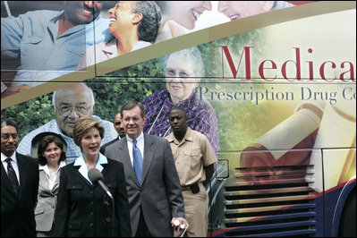 Mrs. Laura Bush addresses the press during the last day of enrollment for the new Medicare prescription drug benefit at Shiloh Baptist Church in Washington, D.C., Monday, May 15, 2006.
