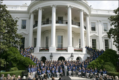 President George W. Bush and Laura Bush pose with the 2006 U.S. Winter Olympic and Paralympic teams during a congratulatory ceremony held on the South Lawn at the White House Wednesday, May 17, 2006.