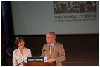 Mrs. Laura Bush listens to Richard Moe, President of the National Trust for Historic Preservation, Wednesday, May 31, 2006. Mr. Moe introduced Mrs. Bush during a historic preservation summit at Tulane University in New Orleans.