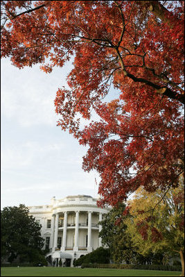 View of the White House South Portico through fall foliage, November 1, 2006.
