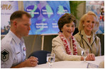 Mrs. Laura Bush is joined by Mary Fallon, right, wife of Navy Admiral William J. Fallon the Commander of the U.S. Pacific Command, during a roundtable discussion with military personnel Tuesday, Nov. 21, 2006, on military housing and educational services provided to families stationed in Honolulu, Hawaii.