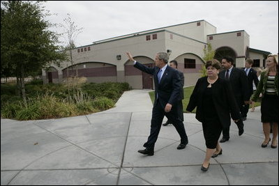 During his visit to George W. Bush Elementary School, the President toured the school and addressed the media in Stockton, Calif., Tuesday, Oct. 3, 2006. "The most important jobs of those involved with schools and government is to make sure that children are safe," said the President. "And Laura and I were saddened and deeply concerned, like a lot of other citizens around the country, about the school shootings that took place in Pennsylvania and Colorado and Wisconsin. We grieve with the parents and we share the concerns of those who worry about safety in schools."