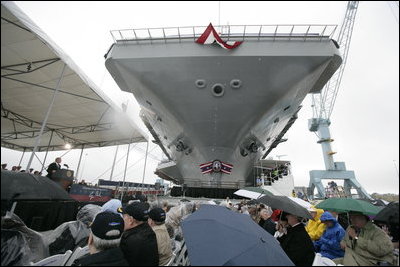 President George W. Bush delivers remarks during the Christening Ceremony of the George H.W. Bush (CVN 77) in Newport News, Virginia, Saturday, Oct. 7, 2006.